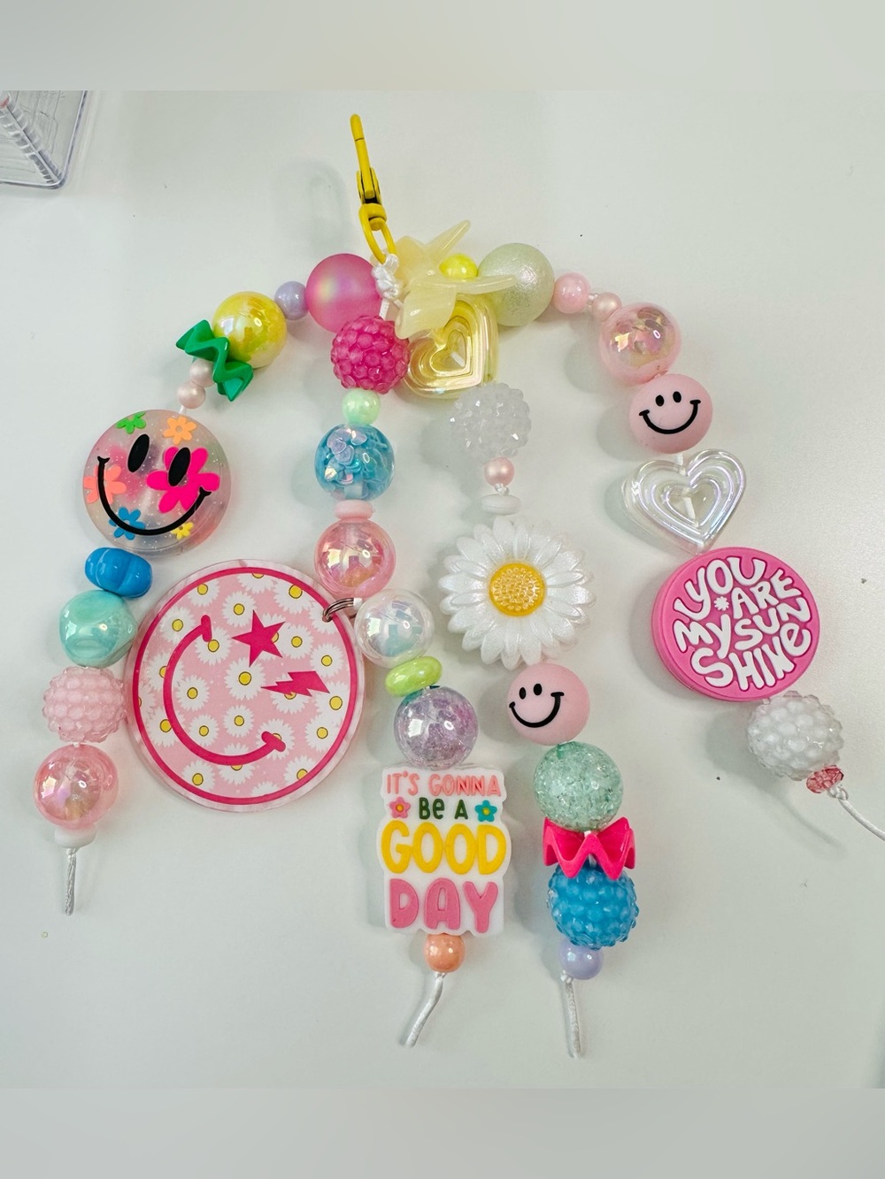 Colorful Happy Bead Charm Keychain - Pink, Yellow, White, Green, Blue
